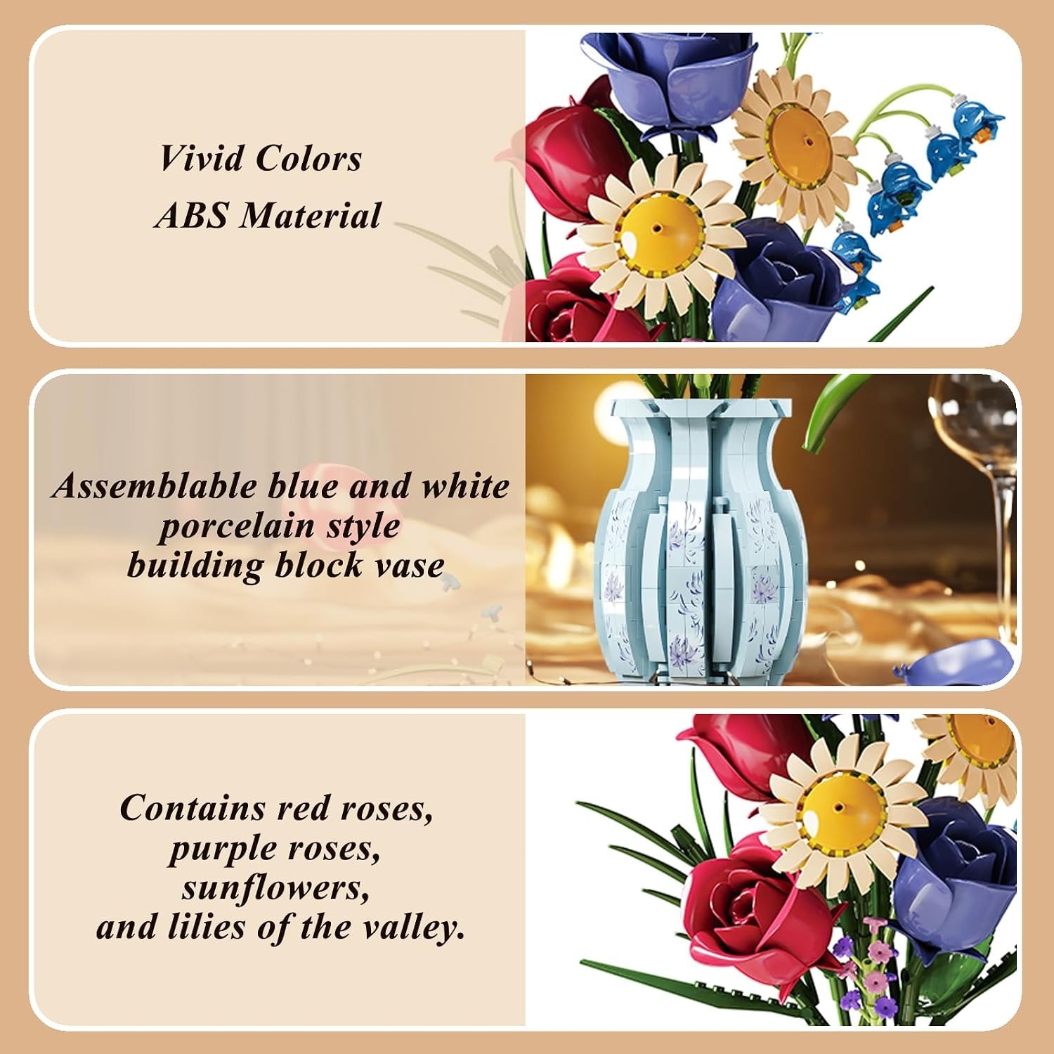 Roses Flower Bouquet Building Set,787 Pcs Artificial Flower Kit with Vase,Pla…