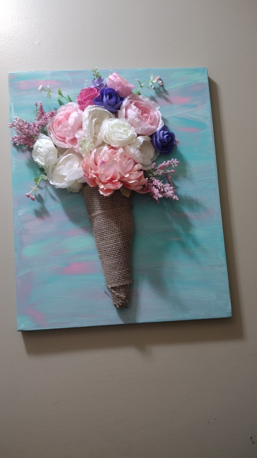 Artificial Rose Floral Wall Decor Canvas Arrangement, Pink/White/Purple