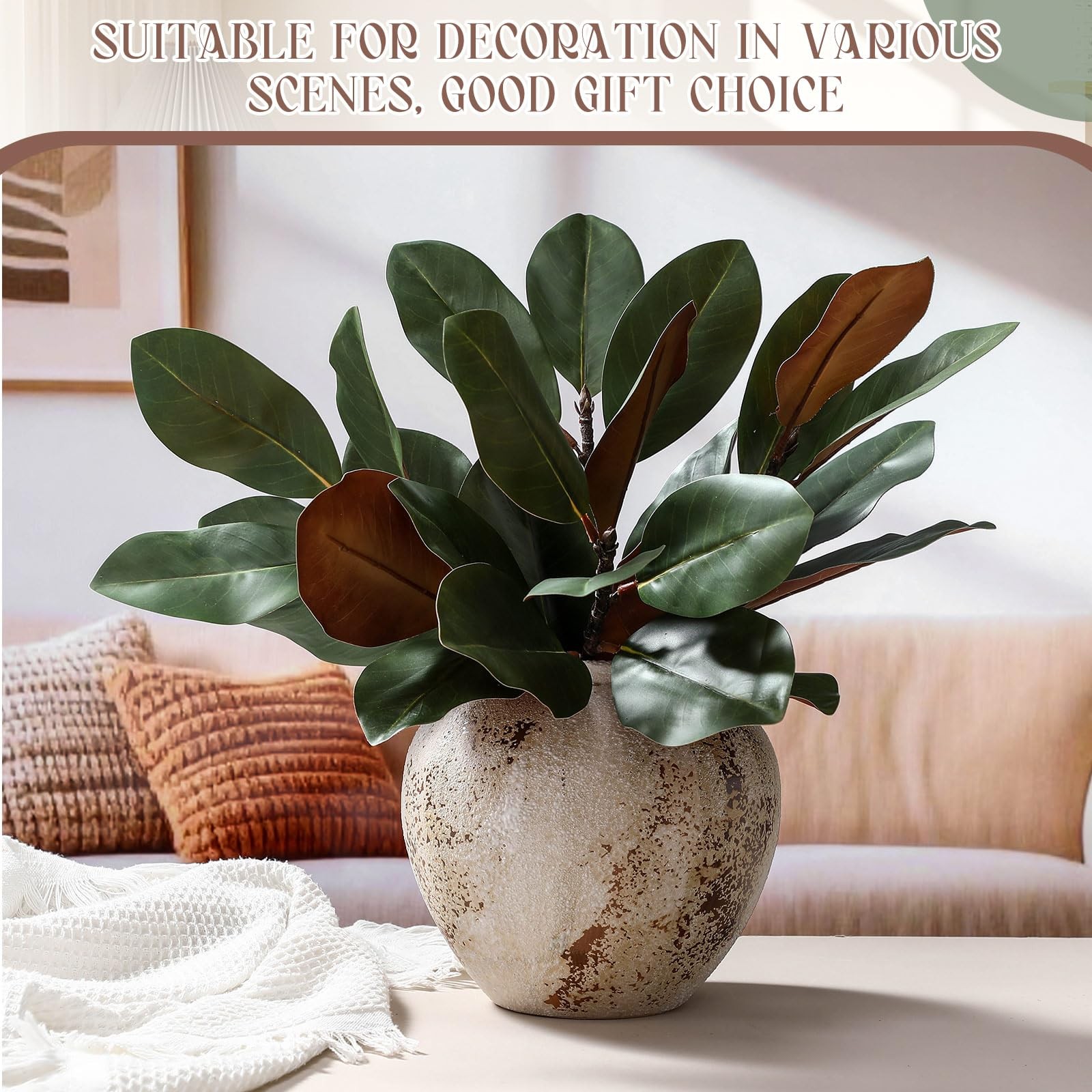 Suncalla 16 Pcs Magnolia Artificial Leaves Branches 17.72 Inches Artificial Fake