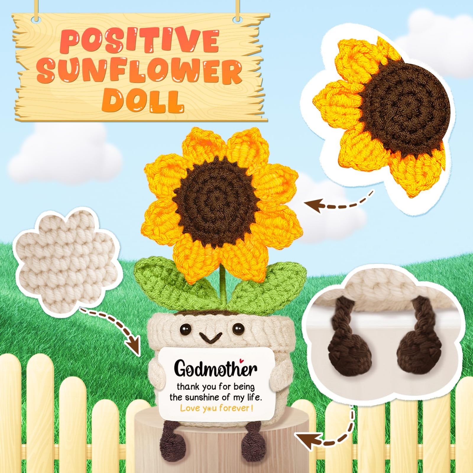 Handmade Crochet Sunflower Godmother Proposal Gift with Card Cute Keepsake