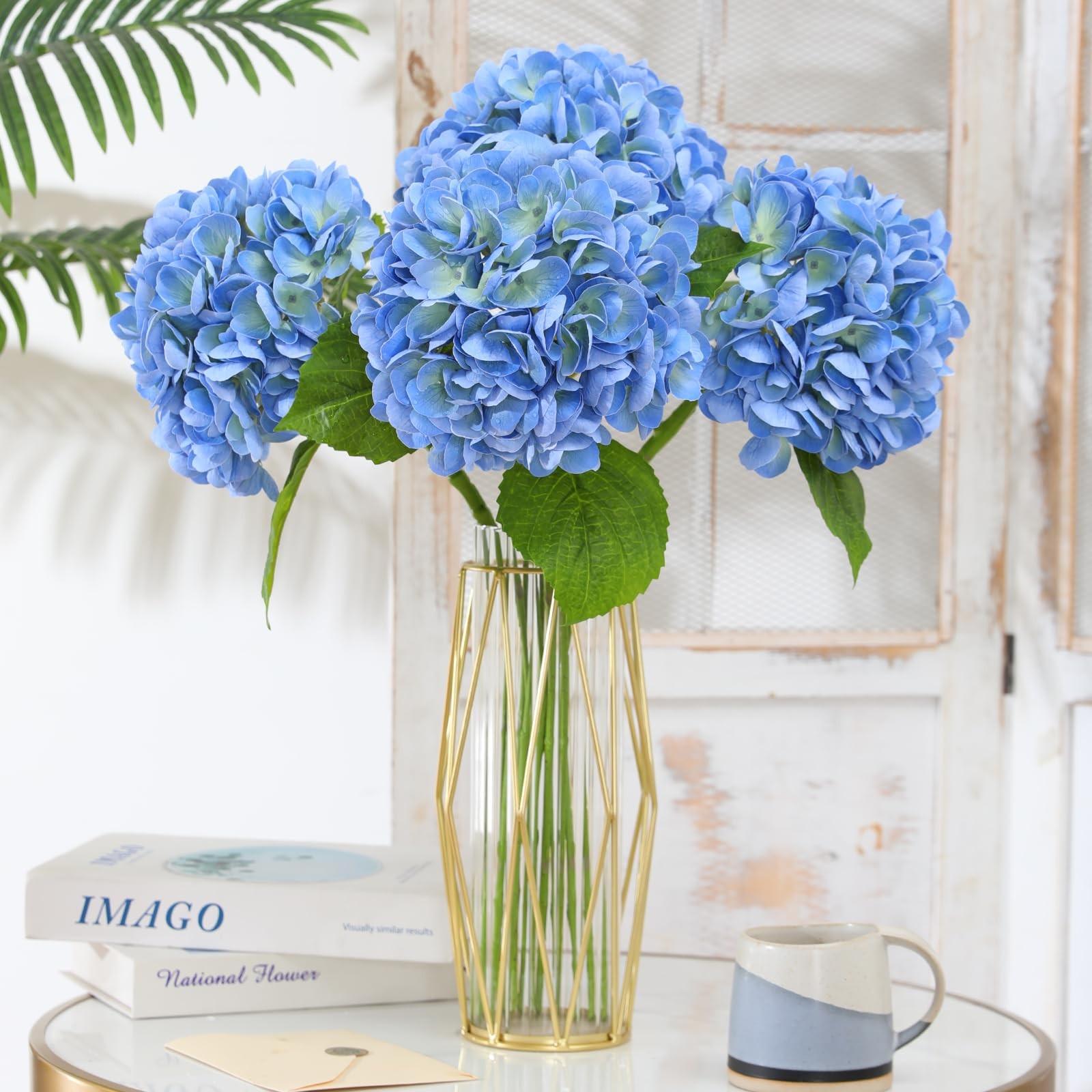 4Pcs Blue Hydrangea Artificial Flowers, 22.5In Latex Faux Real Touch Large Hy…