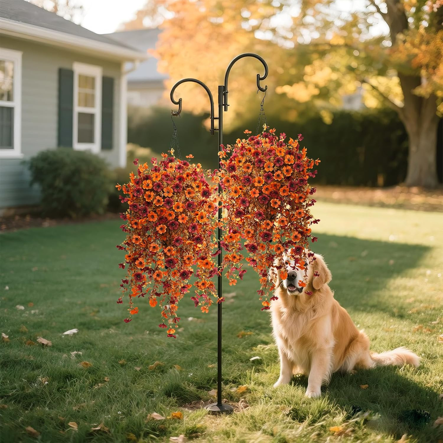 Autumn Faux Mums Hanging Basket – UV Resistant Orange Brown Floral Decor