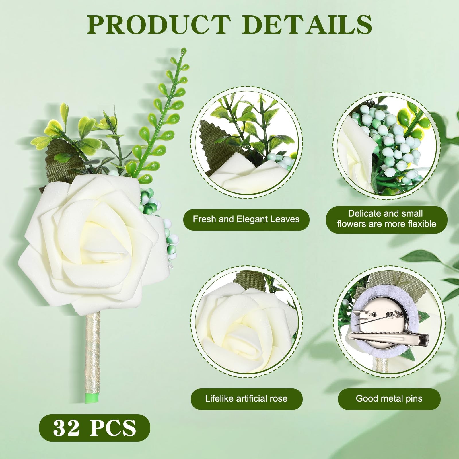 Retrowavy 32 Pcs Ivory White Rose Boutonniere Pins for Men Wedding Corsages G…