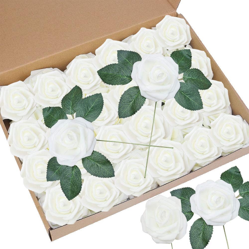 Awtlife 50 pcs Artificial Flower Rose and 15 Artificial Leaf for DIY Bouquets…