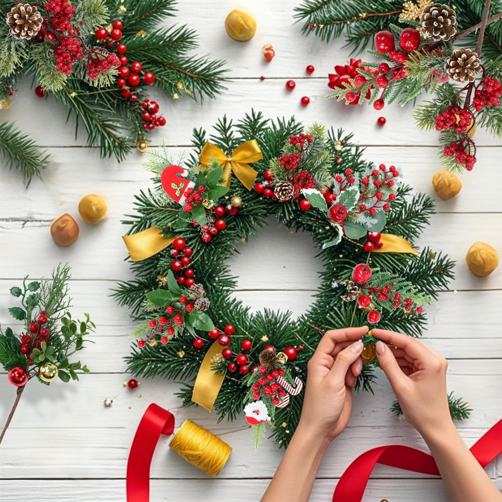 Christmas Berries Pine Picks, 6 Pcs 13 Inch Artificial Pinecone with Berry, R…