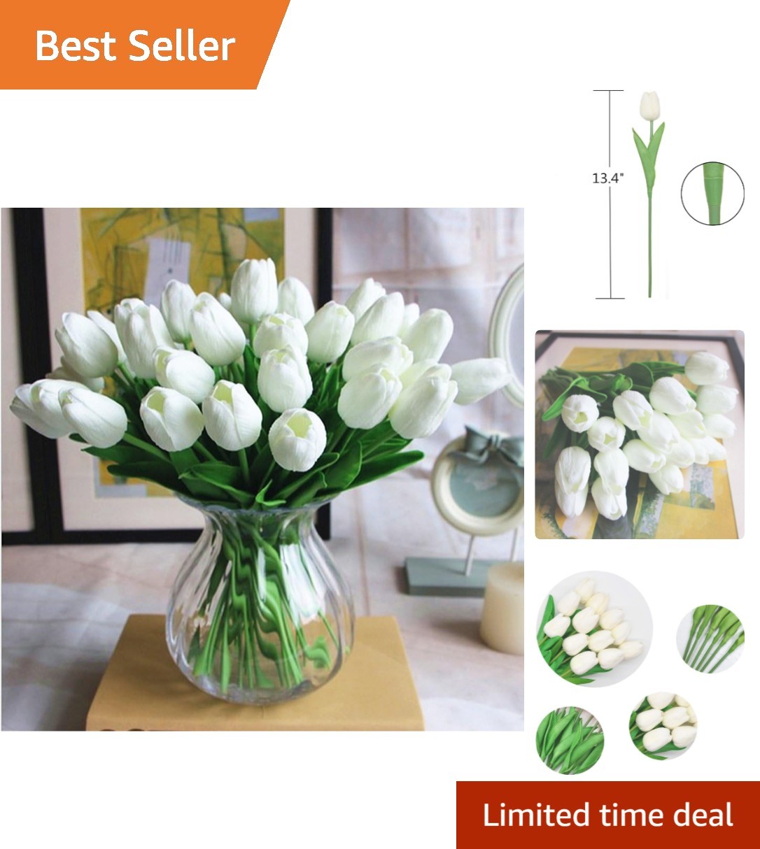 Elegant 10-Piece White PU Fake Tulips – Real Touch Artificial Flowers for Décor