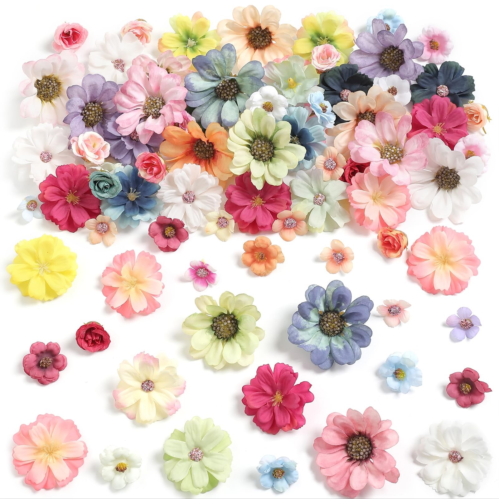90 Pcs Mini Artificial Silk Flower Heads – Multicolor Peony, Daisy, Rose Flor…