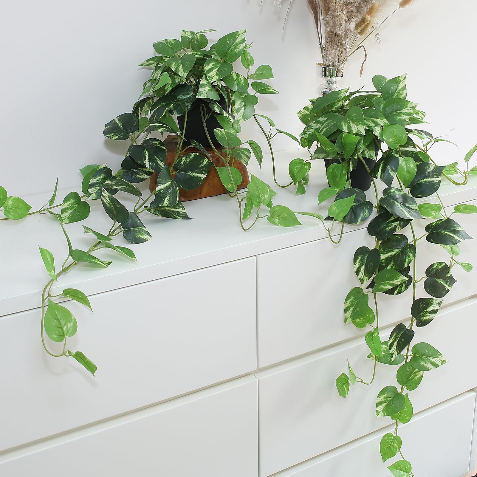 Fake Pothos Hanging Plants 33″ Set of 2 Artificial Silk Ivy Vines with Pots,…