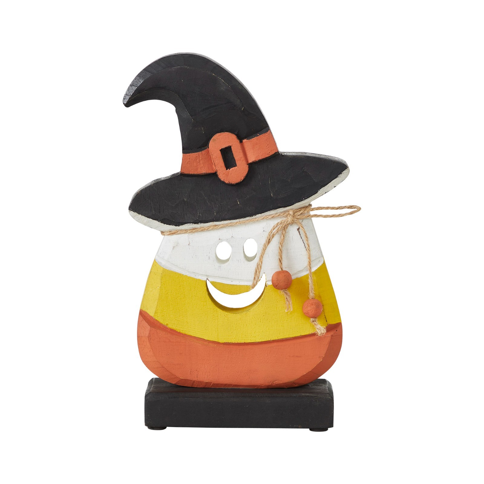 New Primitive Rustic Fall CARVED WOOD CANDY CORN WITCH Figure Shelf Sitter 10″