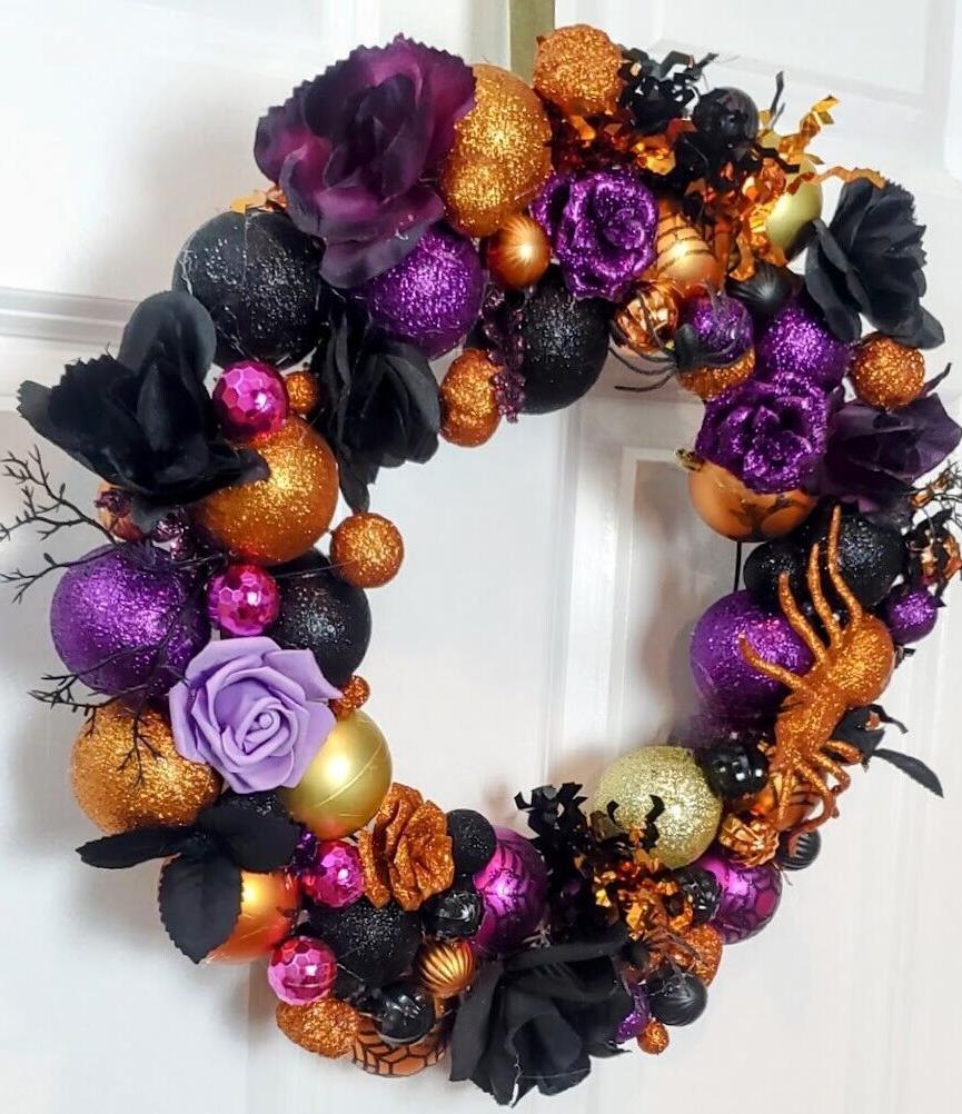 Halloween Ornament Wreath Large 18″ Handmade Front Door Glittered Rose Decor