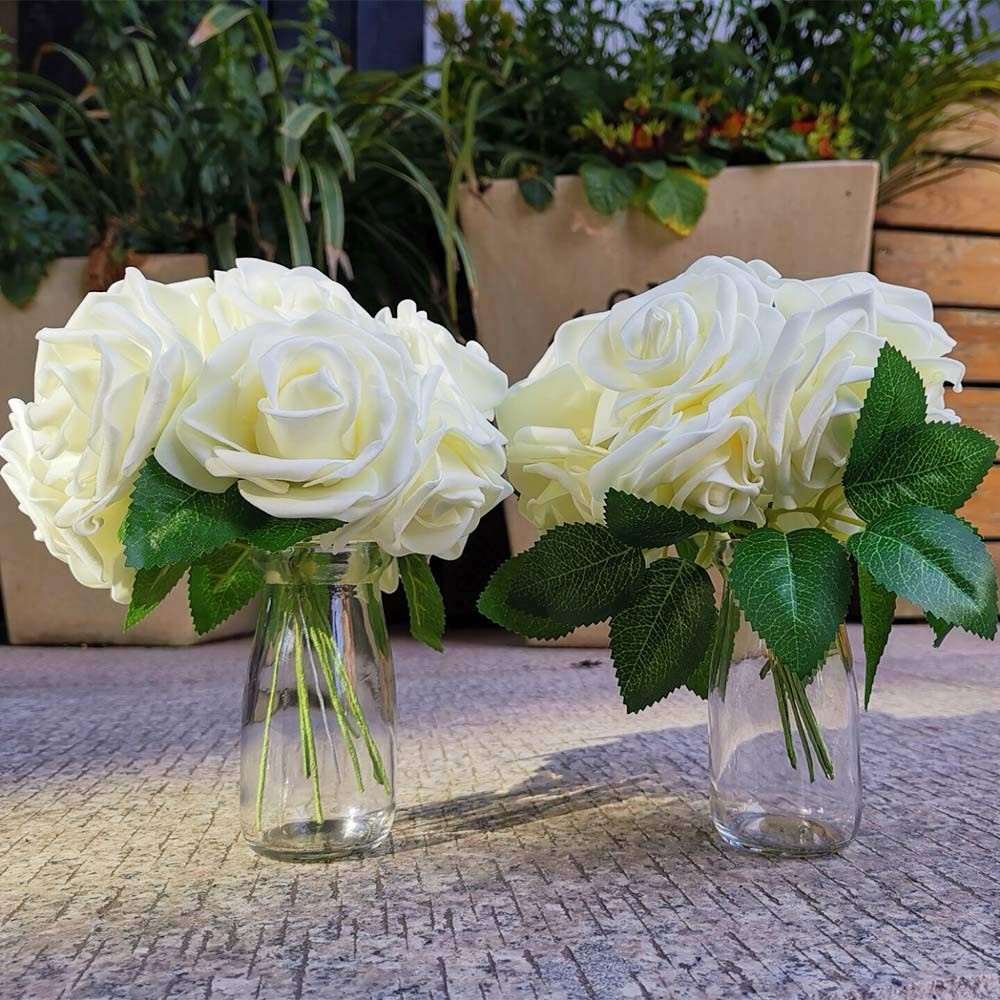 Awtlife 50 pcs Artificial Flower Rose and 15 Artificial Leaf for DIY Bouquets…