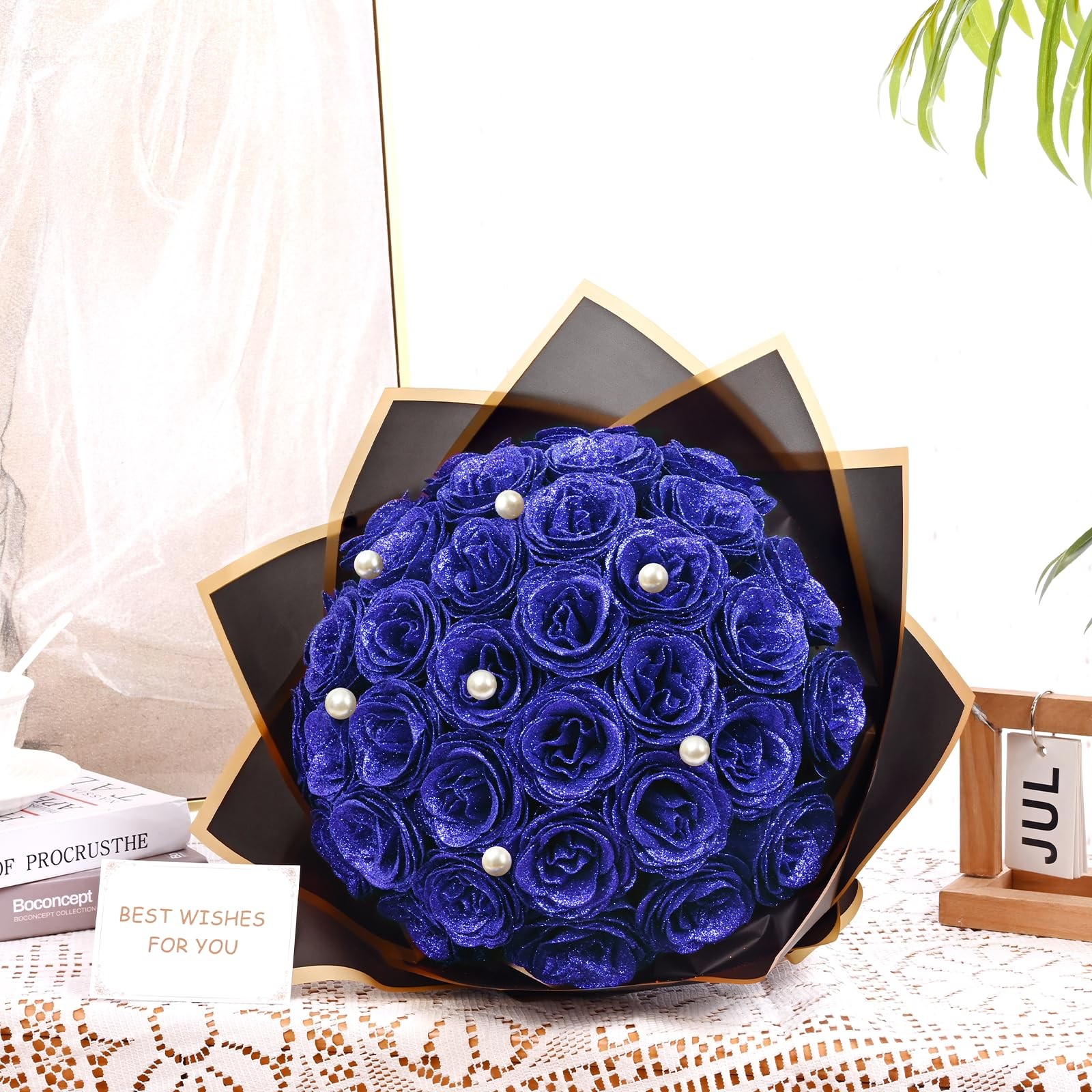 Blue Glitter Roses Bouquet, DIY Fake Flowers Bouquet, Everlasting Shiny Artifici