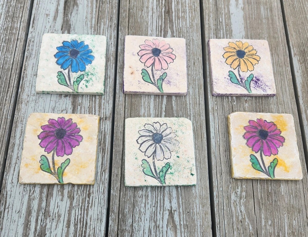Handmade Floral Stone Tile Coasters Set 6 Flower Art Unique Home Decor Gift