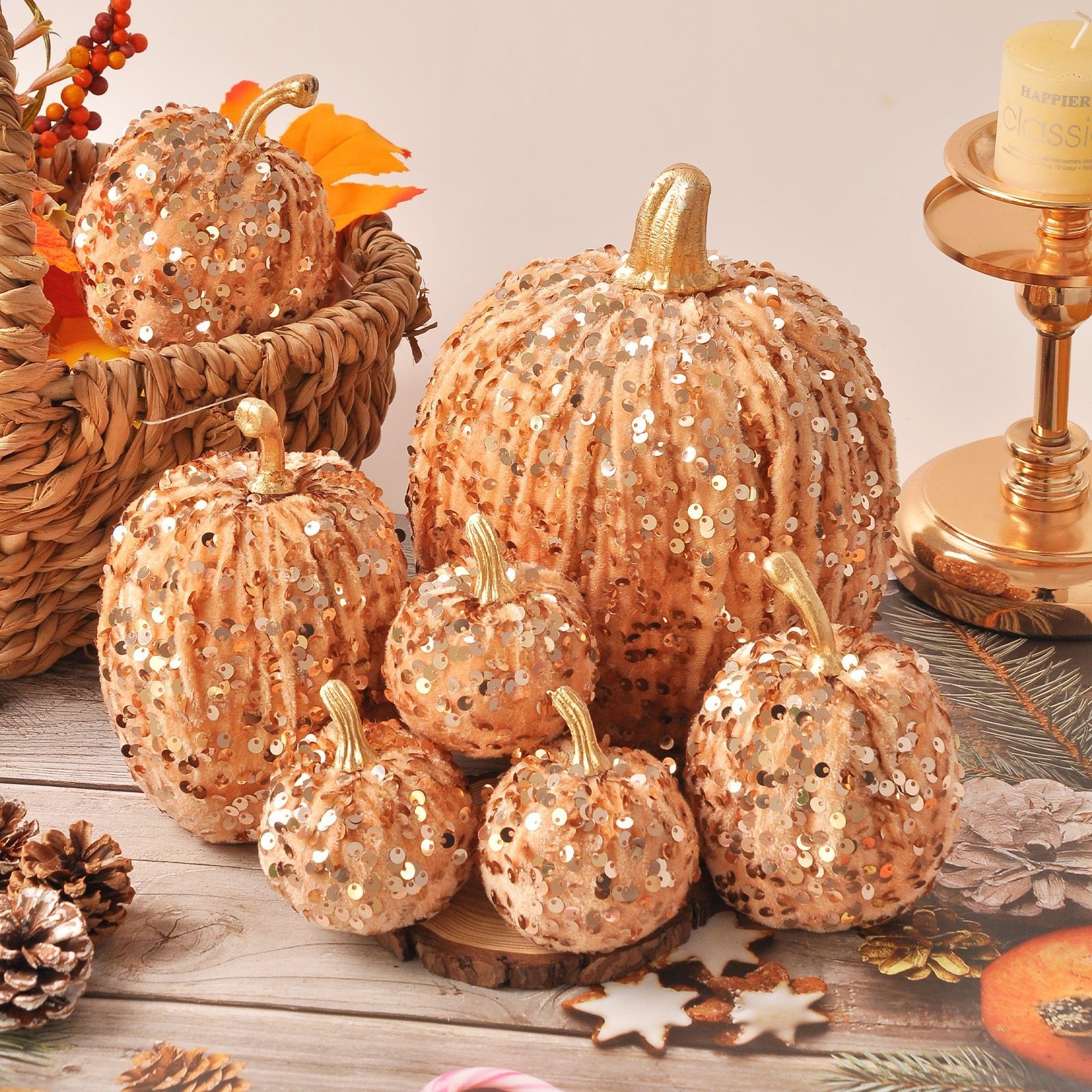 7 Pc Sequin Pumpkin Set Foam Core Plush Fabric Shimmering for Seasonal Display