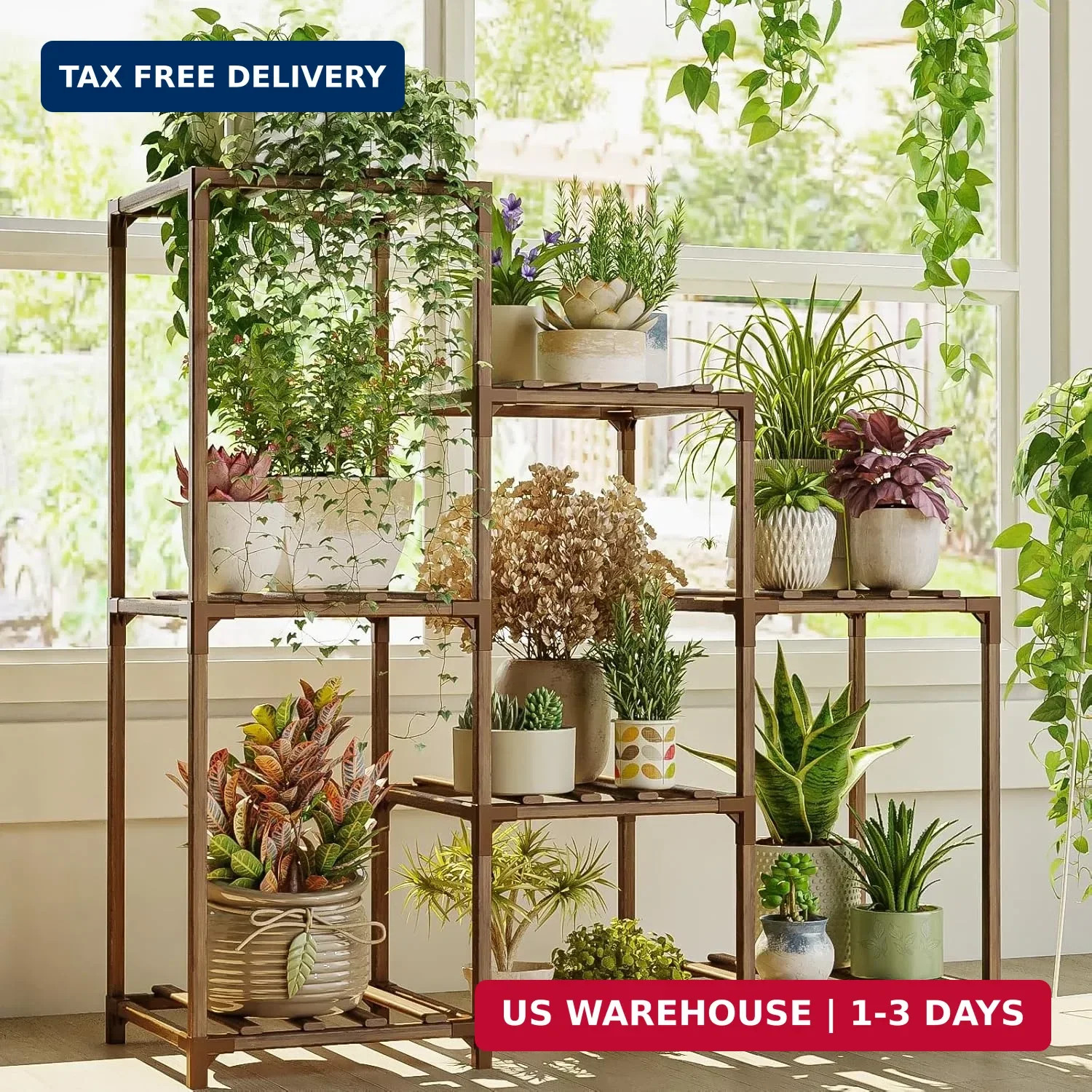 Bamworld Plant Stand Indoor Plant Shelf Outdoor Wood Plant Rack for Multiple Pla