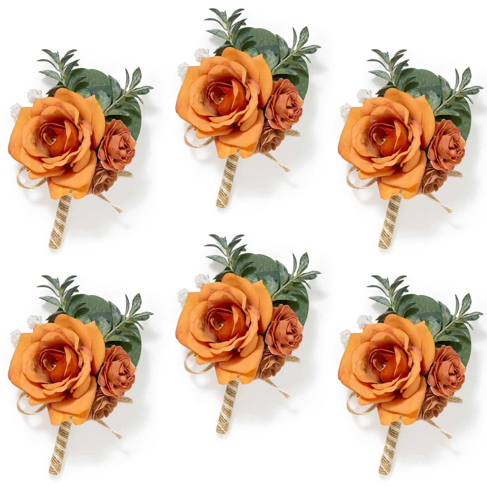 6PCS Orange Rose Boutonniere for Men Wedding Groom Groomsmen Best Man Boutonn…