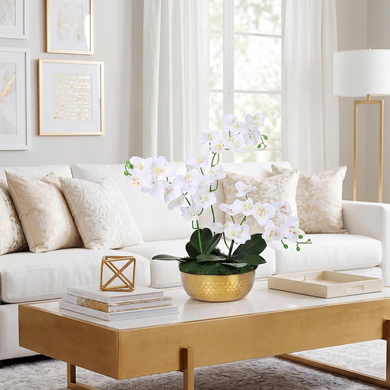 Elegant 28″ Artificial Orchids in Gold Vase – Faux Phalaenopsis Centerpiece