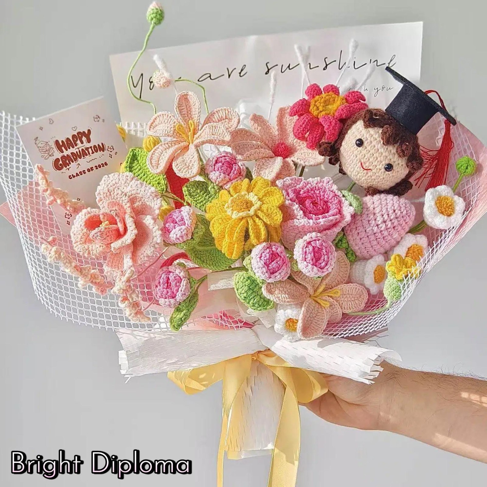 Crochet Sunflower Graduation Doll Bouquet Handmade Graduate Gift Daughter Gift
