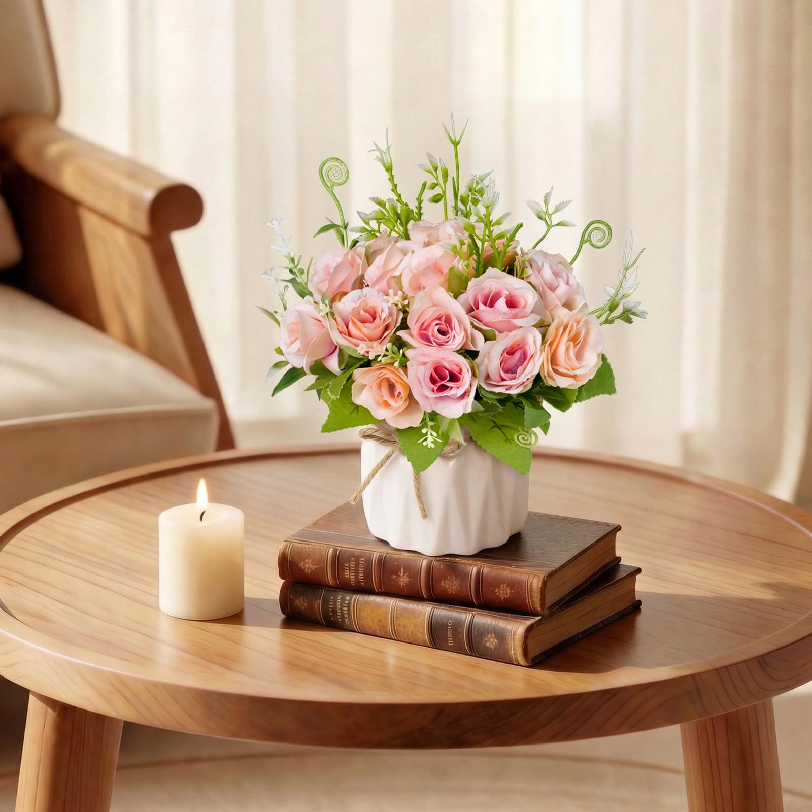 Fake Flowers with Vase,Pink Roses Artificial Flowers in Vase