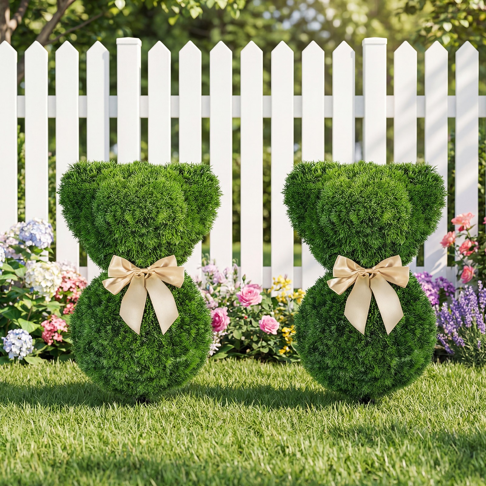 2 Pcs Teddy Bear Topiary Trees, Sun-resistant Faux Boxwood Plants w/ Bowknot