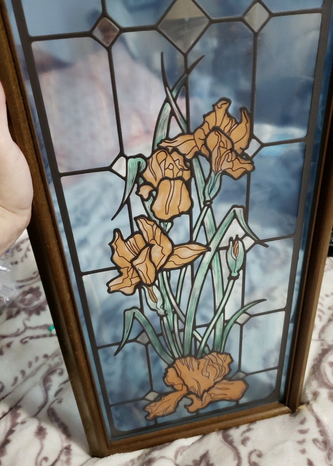 Peach Iris Blue Background Stained Glass Look 23″H x 11.5″W Framed