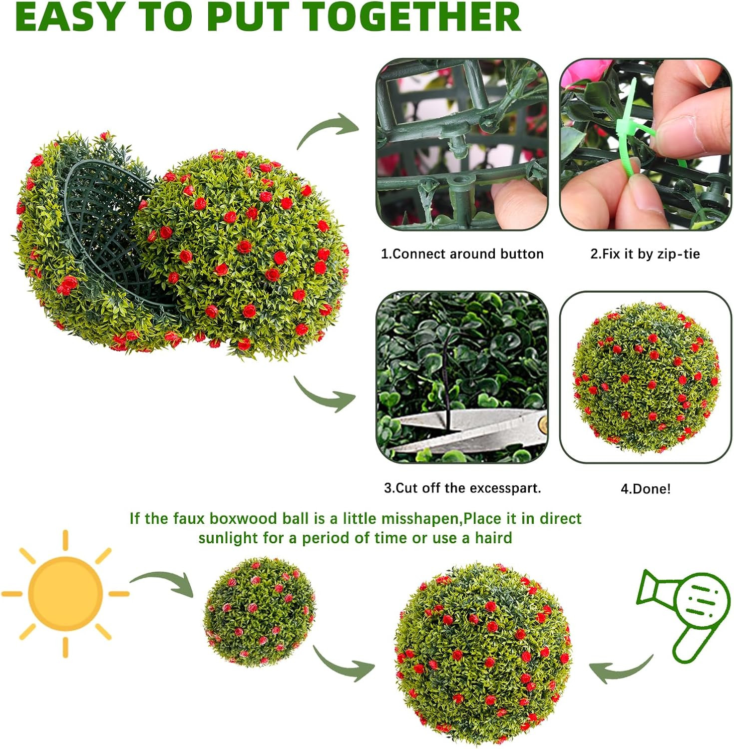 Set of 2 20.5″ Artificial Boxwood Topiary Balls with Red Flowers for Home Decor