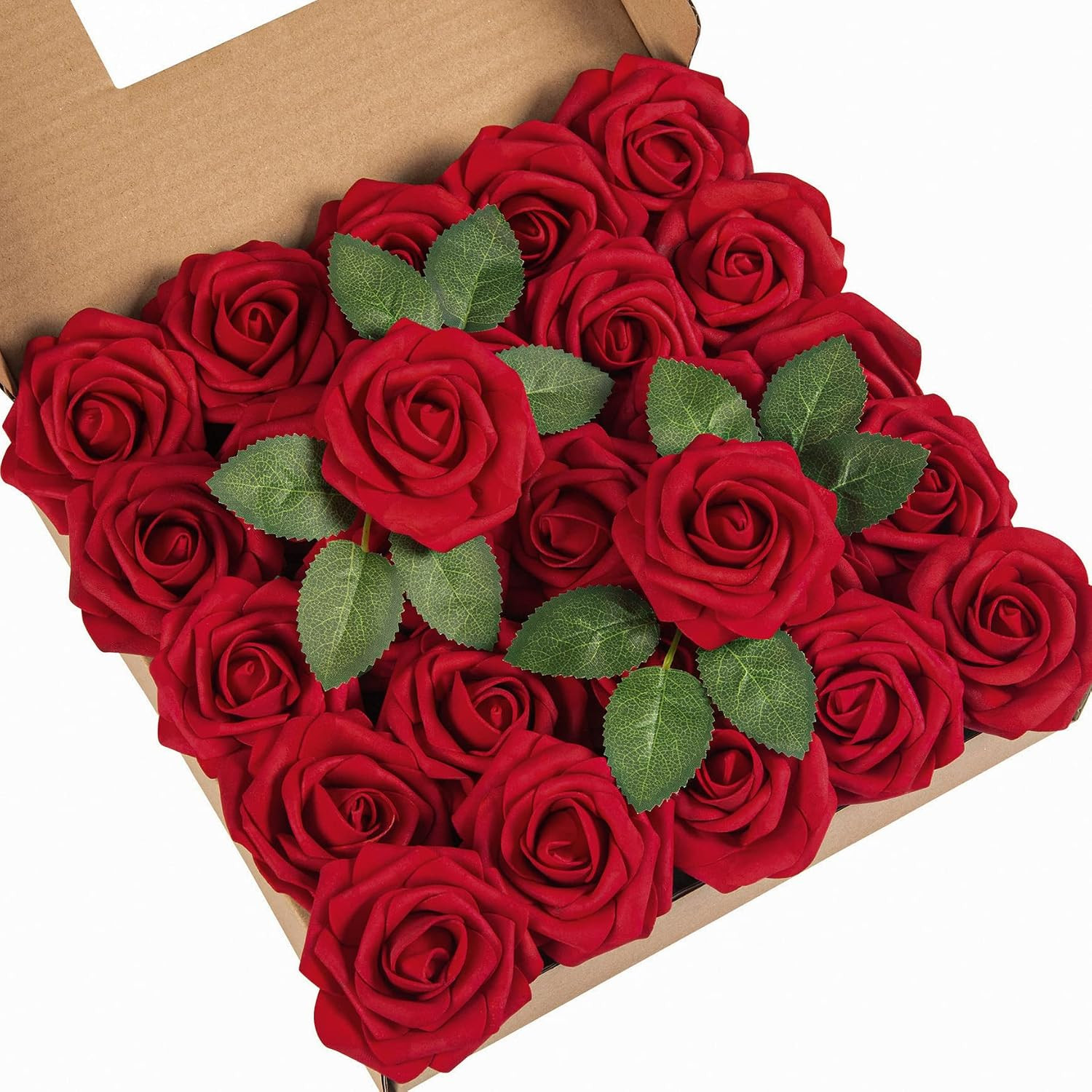 Duhouse 25Pcs Artificial Flowers Red Foam Roses Real Touch with Stems | Fake Flo