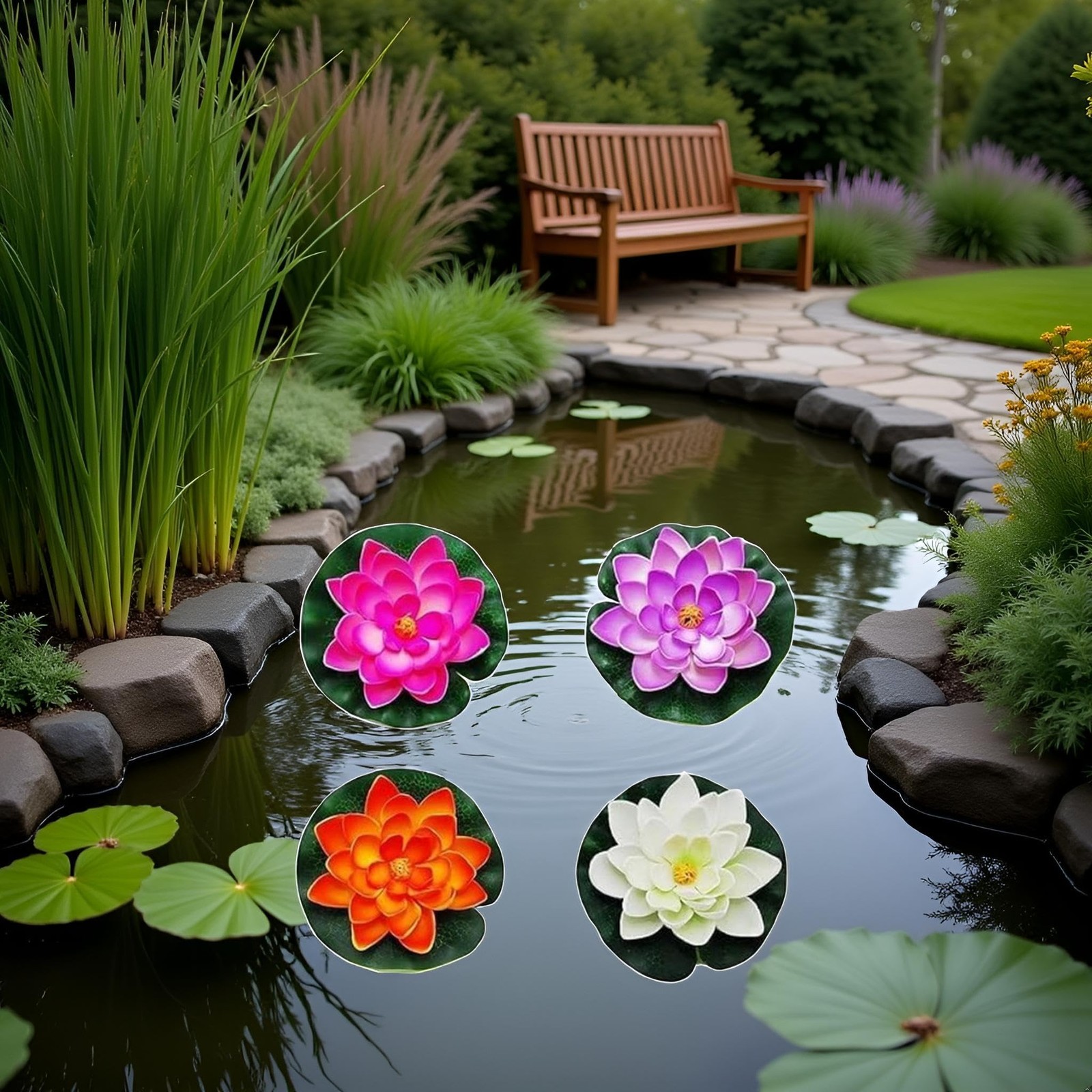 4Pcs Artificial Flowers Water Lily Foam Lotus Flower Pond Decor for Pond Pati…