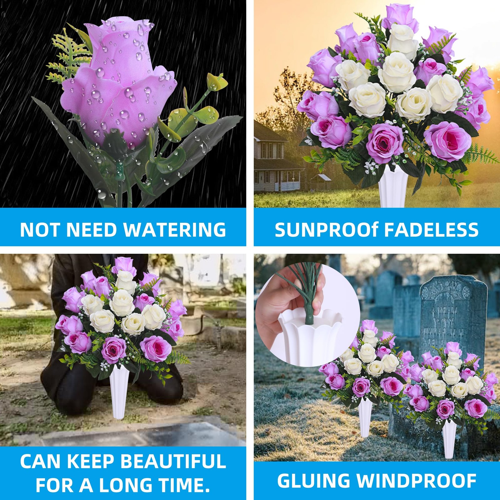 Cemetery Artificial Flowers Bouquet Vase 2 Sets White Purple Silk Plastic Grave