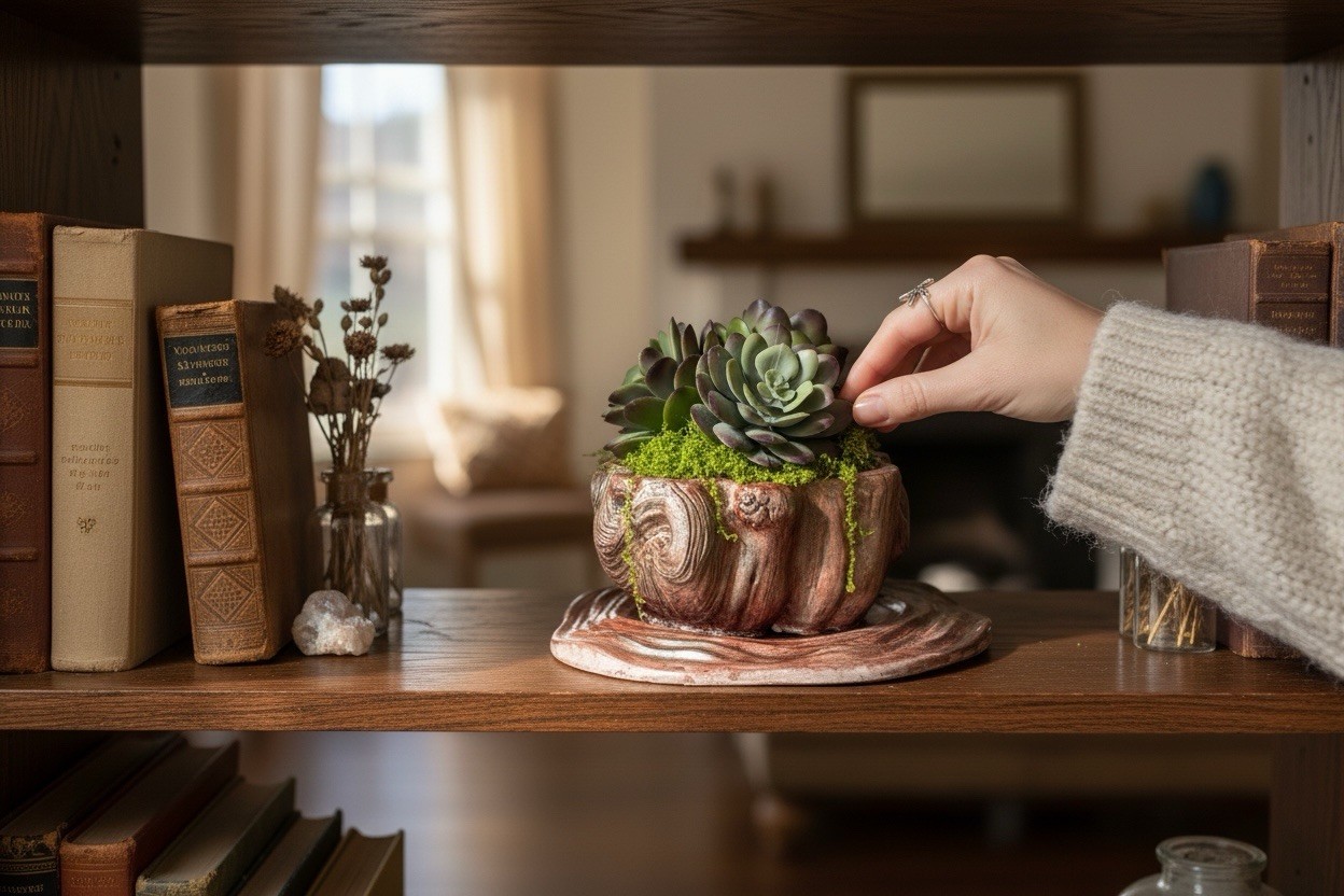 Artificial Succulents In Handmade Concrete Wood Look Pot With Saucer.