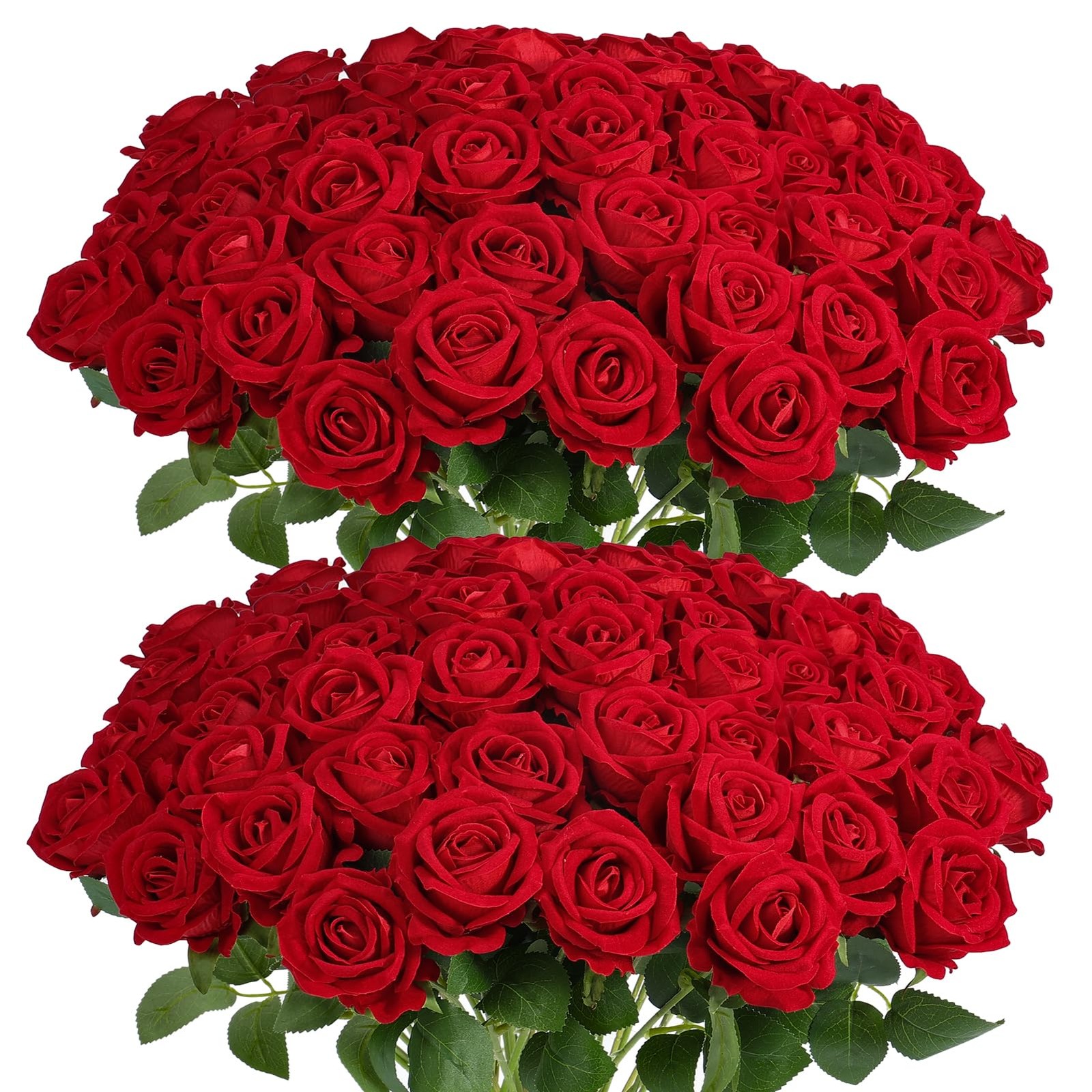 60 PCS Realistic Red Velvet Silk Artificial Faux Roses Wedding Bouquets