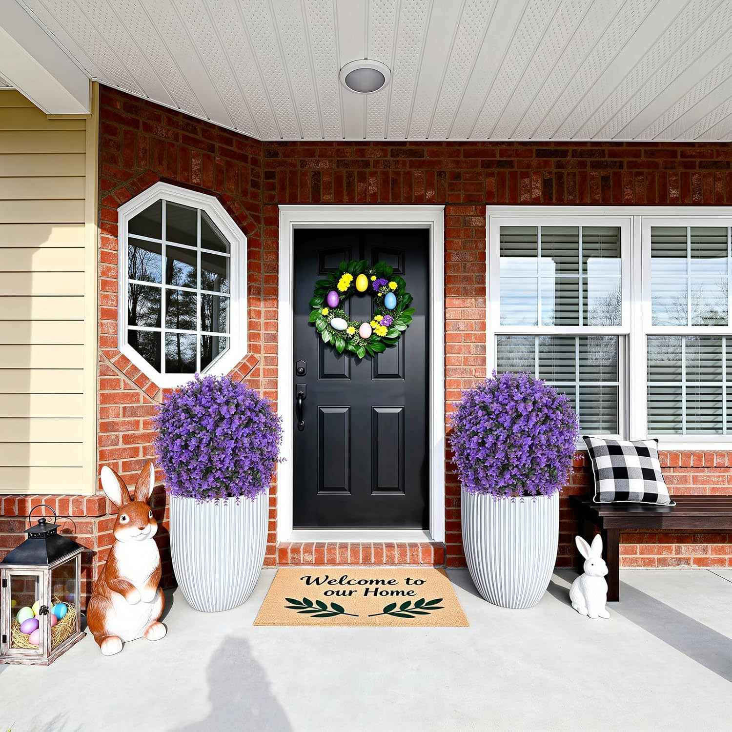 Set of 2 UV Resistant Purple Boxwood Topiary Balls in Black Pots, 26