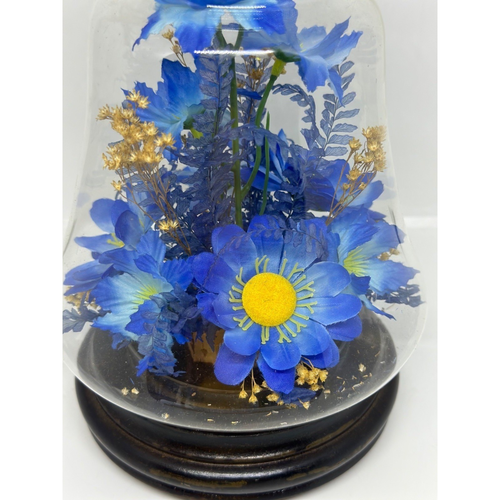 VTG Floral Arrangement Under Glass Cloche Dome Blue Faux Flowers Wood Base Decor