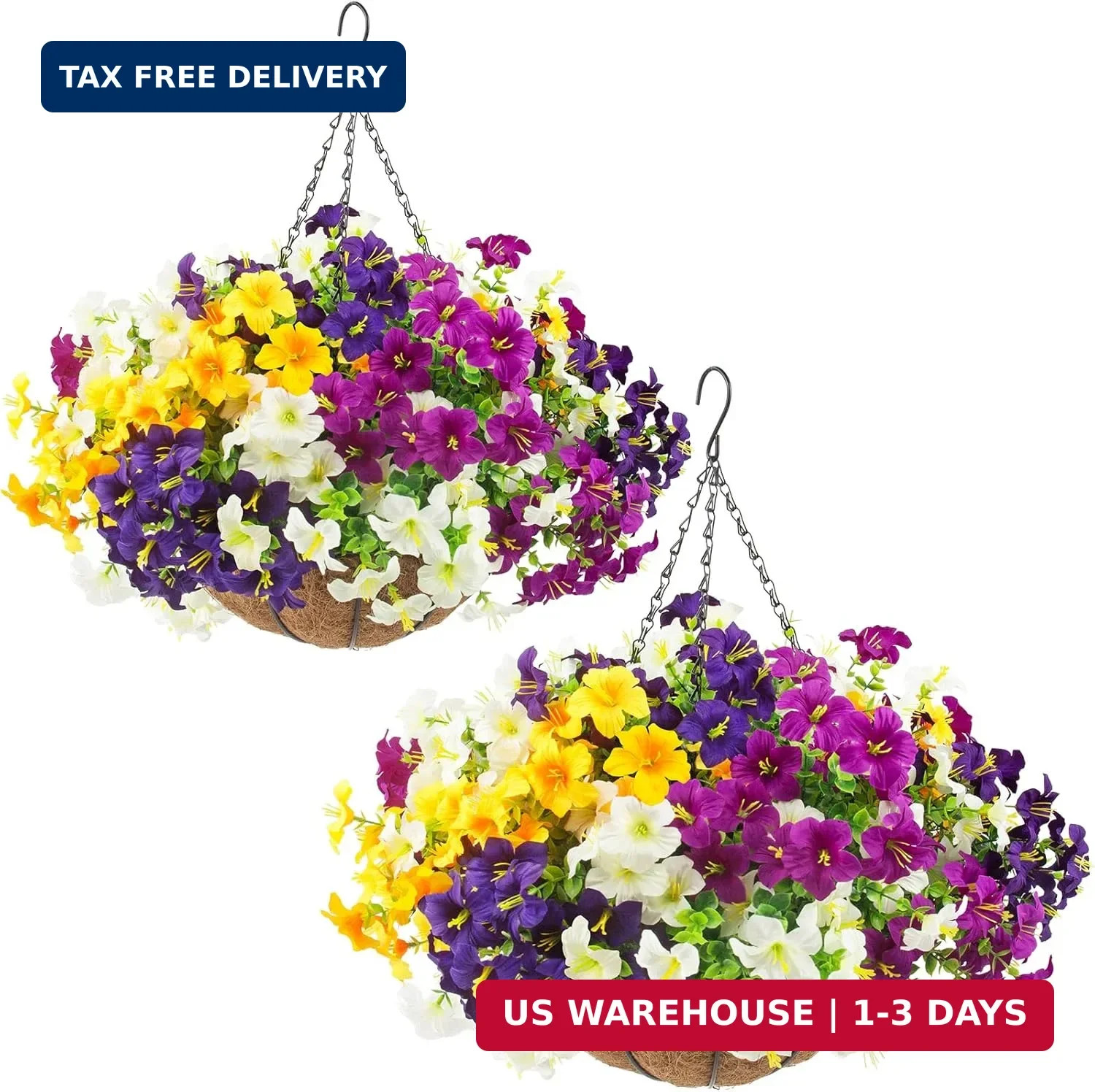 2 Set Artificial Outdoor Flowers with Hanging Baskets,24 Pcs UV Resistant Faux P