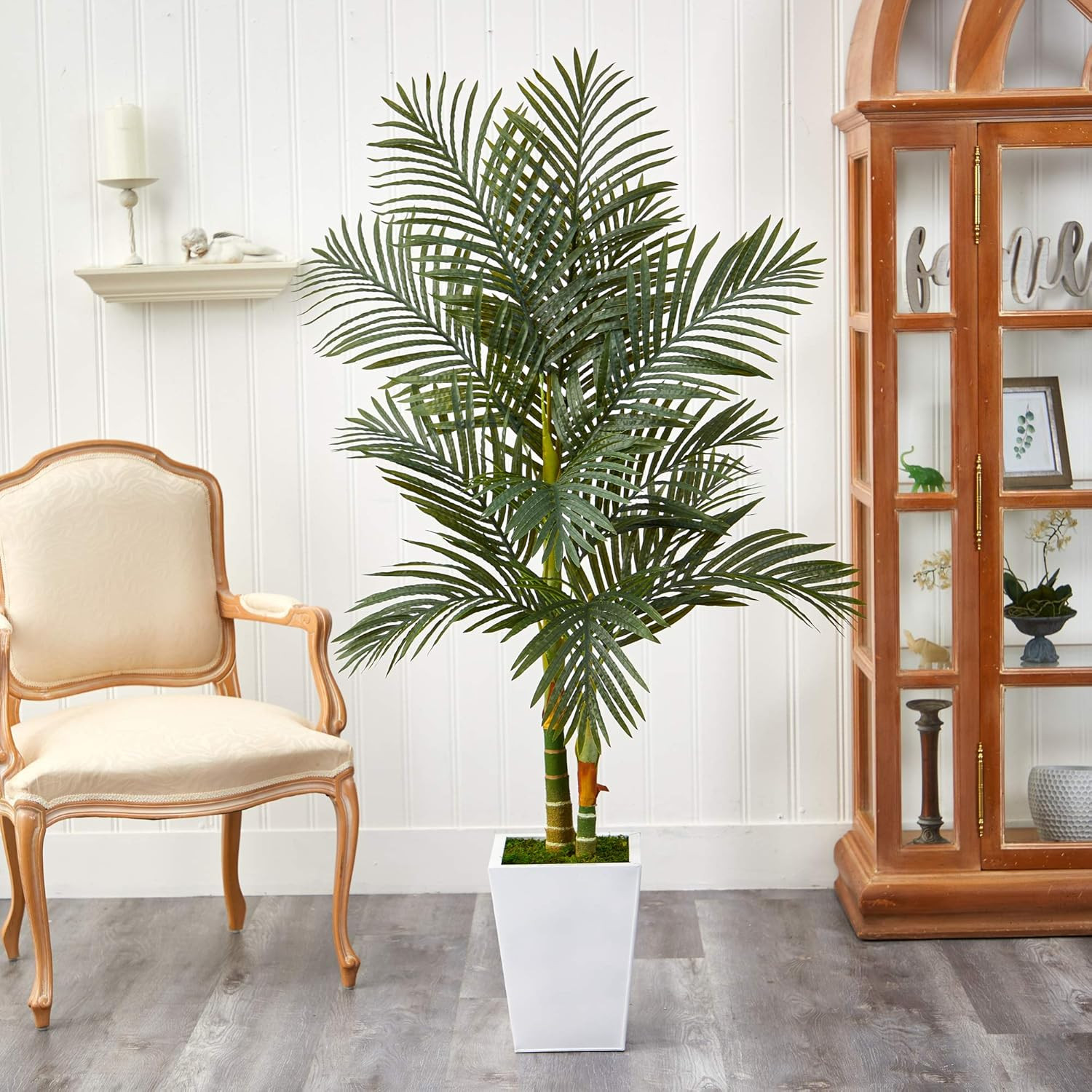 5.5Ft Golden Cane Artificial Palm Tree in Stylish White Metal Planter
