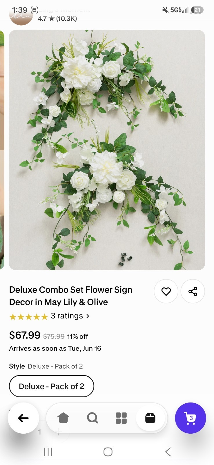 Ling’s Moment Artificial Lily & Olive Wall Flower Decor 2-Pack 26x22x6 in