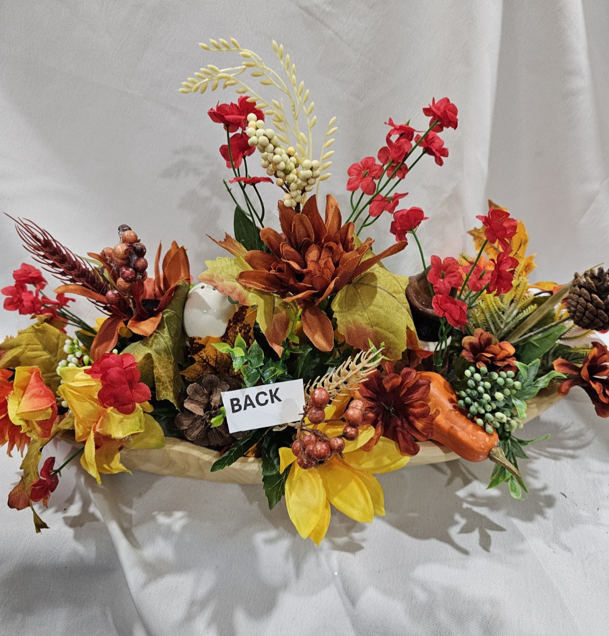 Artificial Flower Arrangement THANKSGIVING Pilgrams, Pumpkins 16″ wide 11″ tall