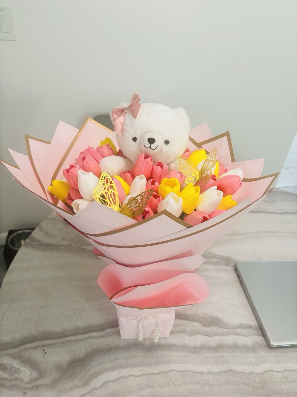 Artificial Tulip Flower Bouquet Pink Yellow White with Bear & Butterfly Decor