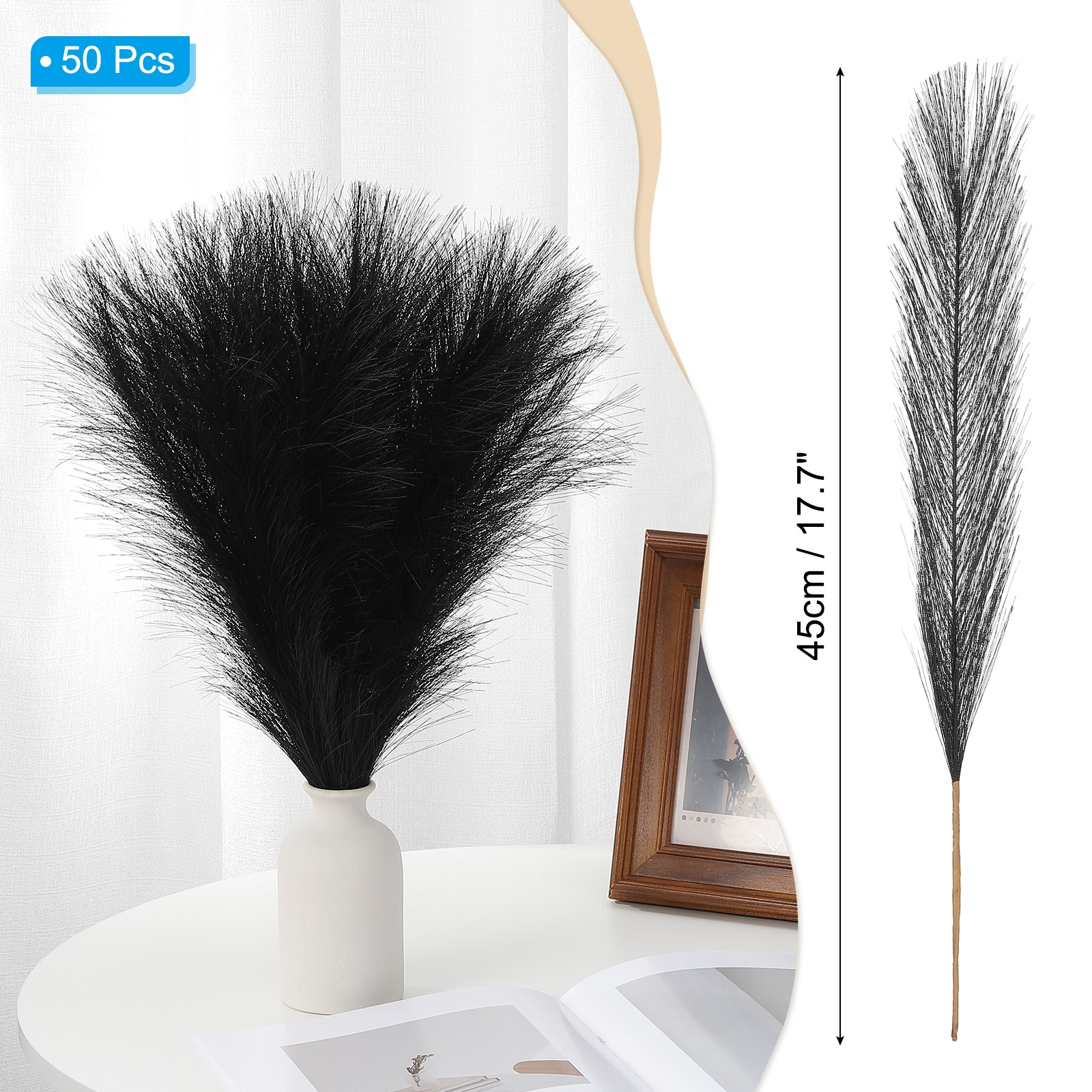 17.7in Pampas Grass Decor, 50pcs Artificial Pampas Grass Bulk, Black