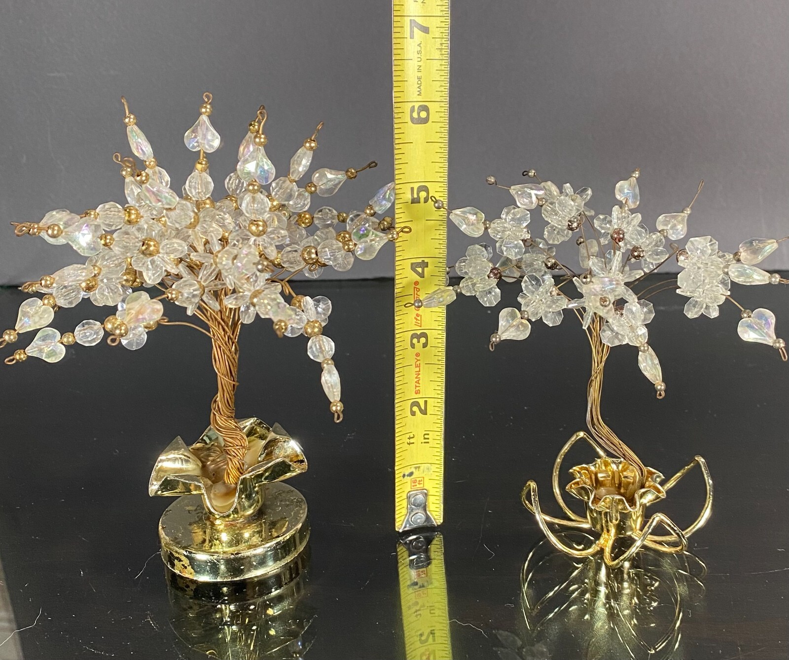 Vintage Twisted Wire Acrylic Beads Hearts Bonsai Money Luck Trees in Brass Pots