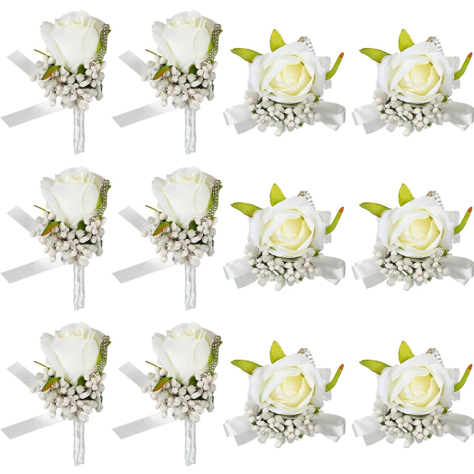 12 Pcs Wedding White Corsage and Boutonniere Set for Bride, Bridesmaid, Inclu…