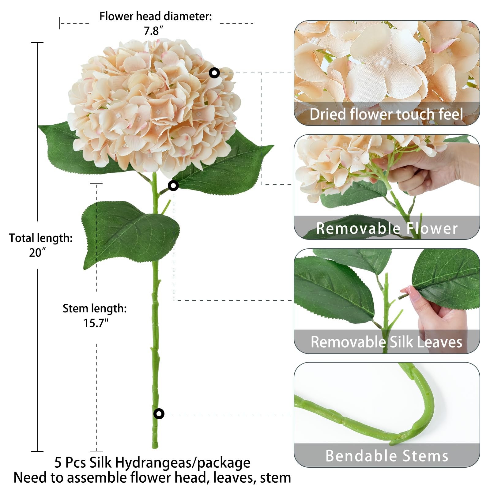 5 Pcs Light Coffee Silk Hydrangeas Artificial Flower Boho 20” Faux Hydrangea…
