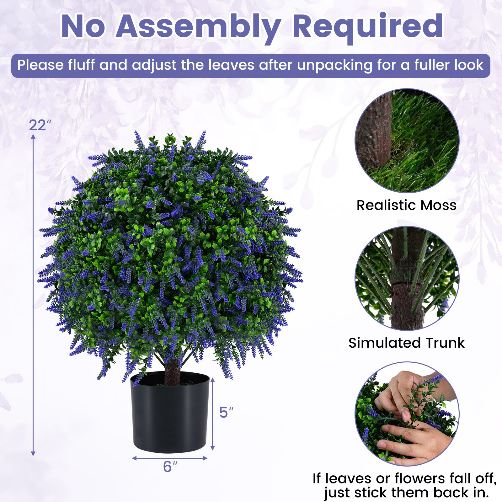 Set of 2 Artificial Lavender Topiary Ball Trees 22″ Faux Lavender Potted Plants