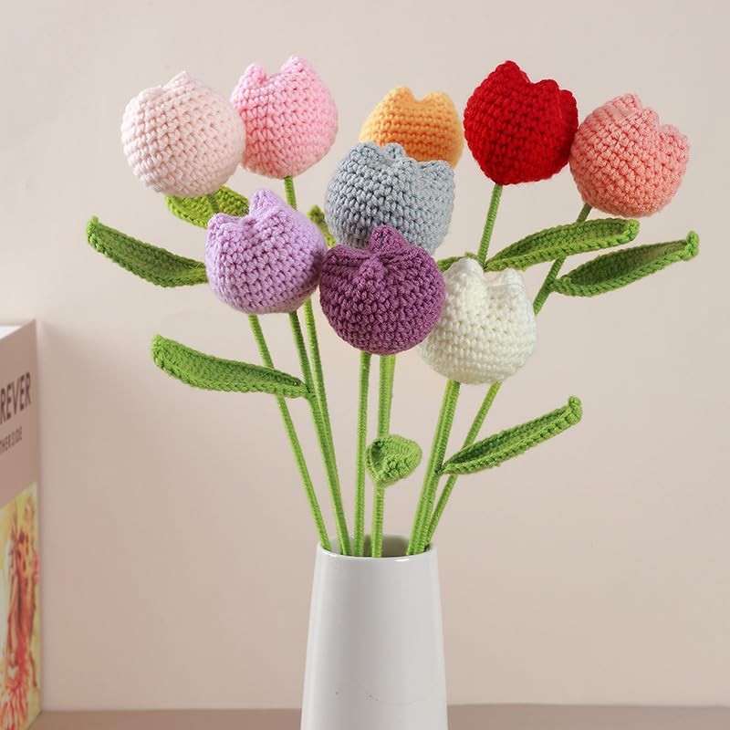 6 pcs Crochet Flower Tulip Bouquet,15″ Finished Hand-Woven Bouquets, Fake Flo…
