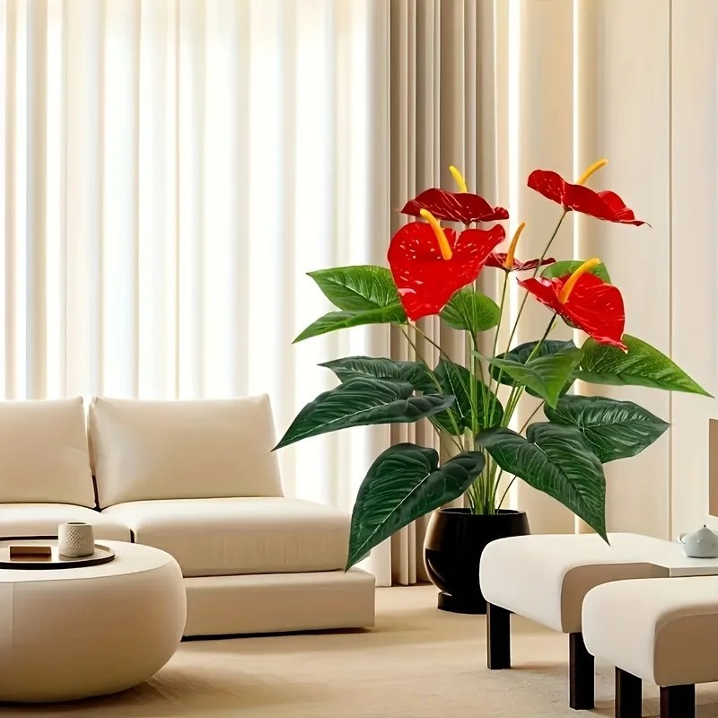 Red Palm Flamingo Flower – Lush Artificial Plant for Home, Garden & Outdoor