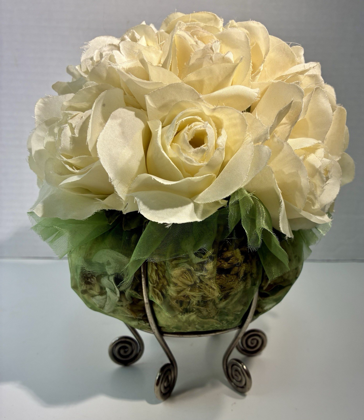 Vintage Shabby Chic Cream Fabric Rose Potpourri Topiary with Scroll Wire Stand