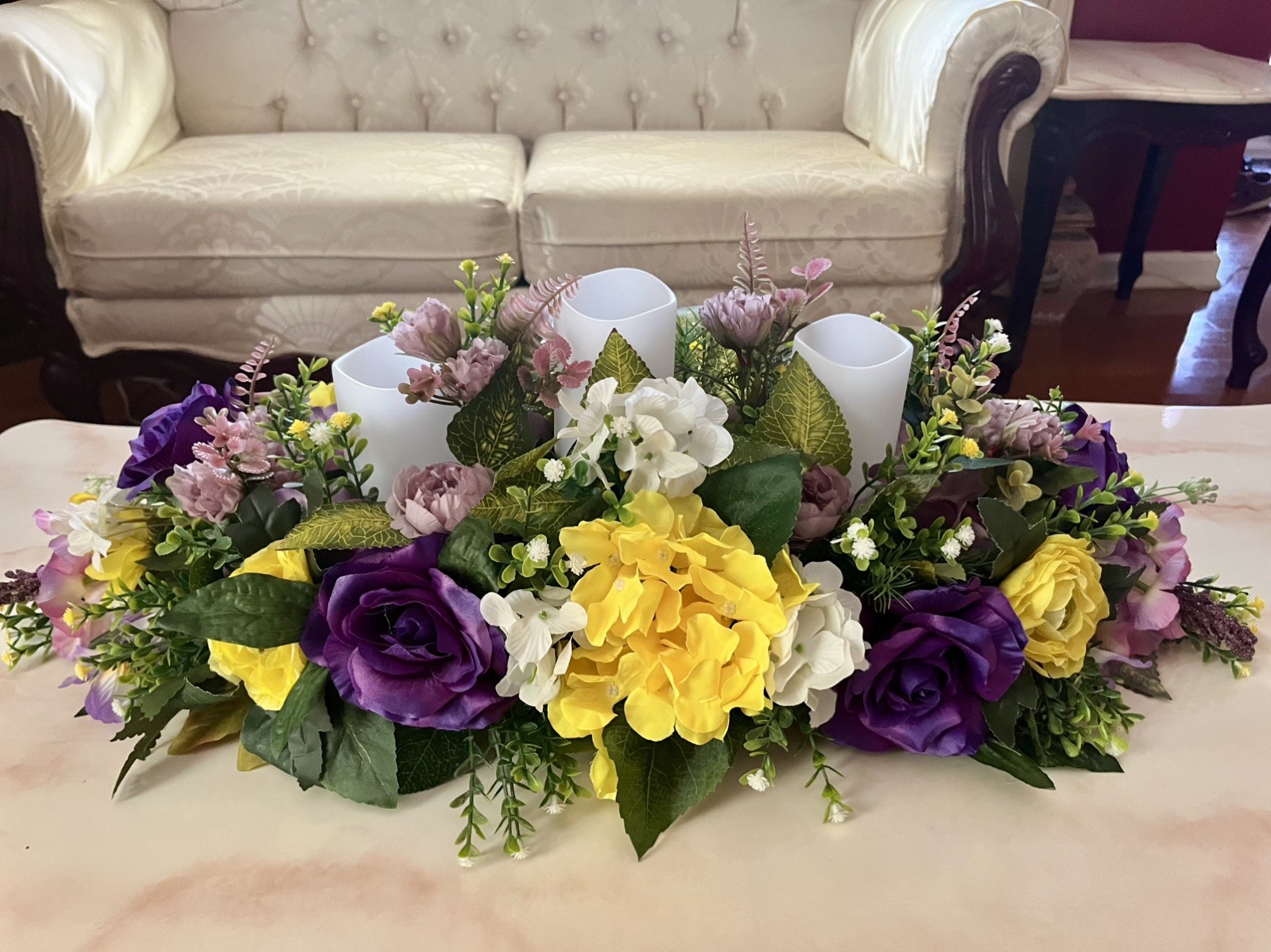 Purple Hydrangea And Roses Floral Arrangement Purple Pillar Candle Centerpiece