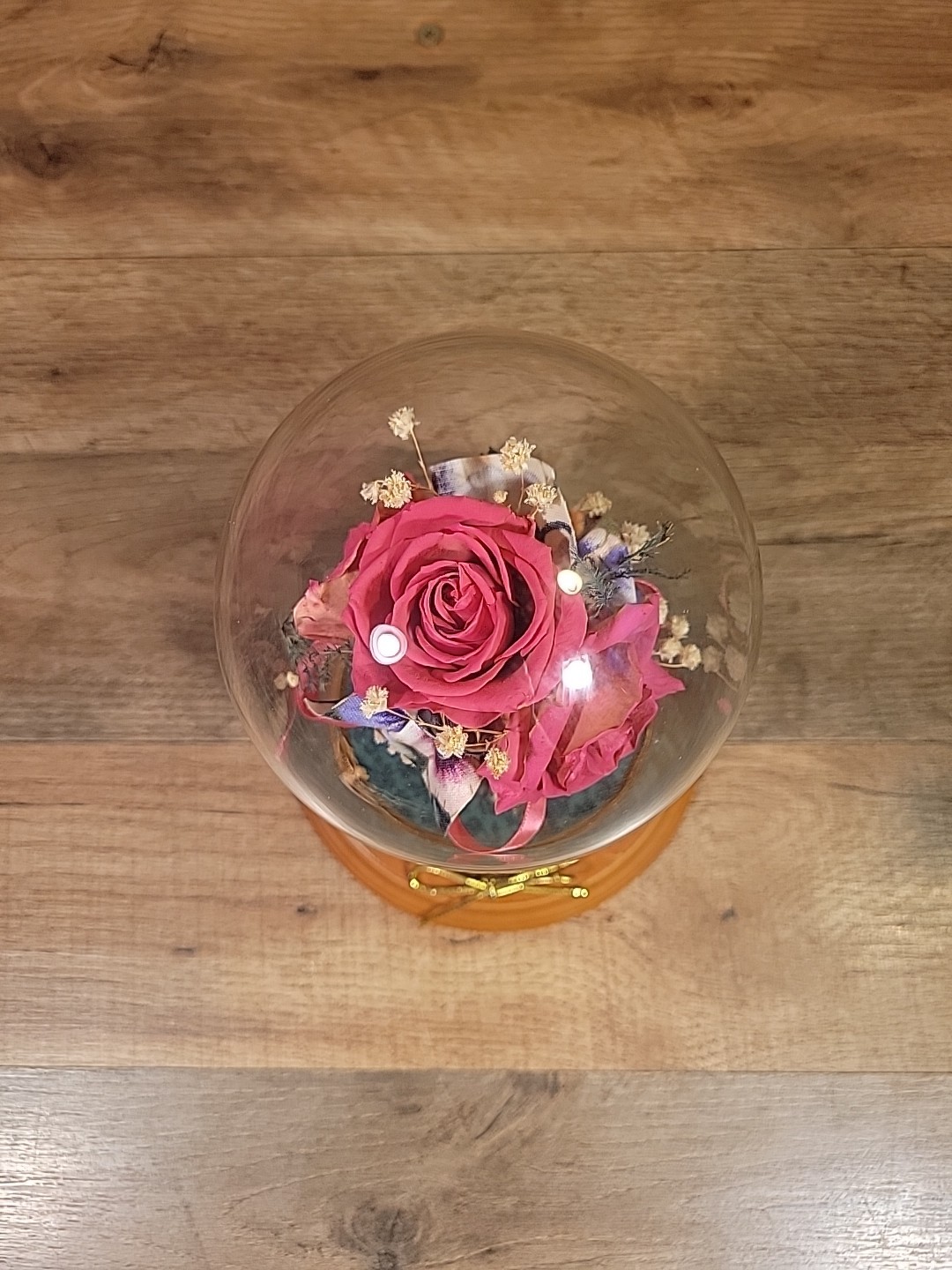NATURAL EXPRESSIONS Freeze Dried Rose Topiary Under Glass Dome On Wooden Base.