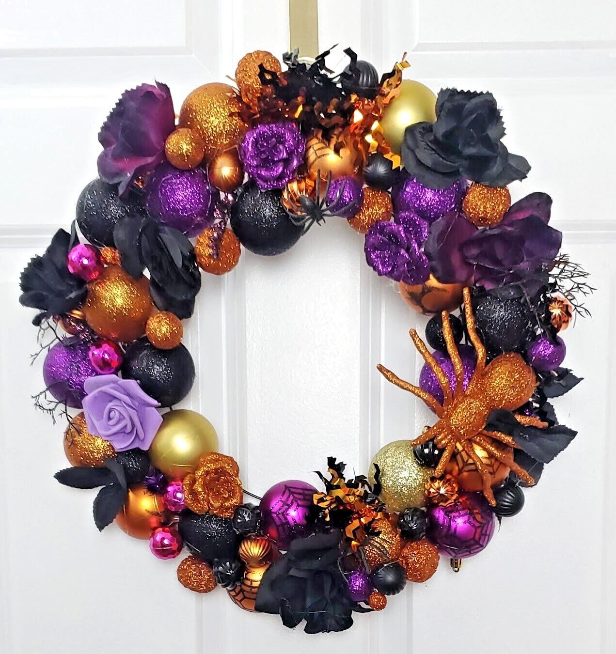Halloween Ornament Wreath Large 18″ Handmade Front Door Glittered Rose Decor