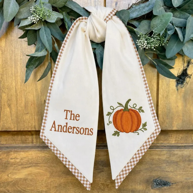 Custom Embroidered Monogrammed Thanksgiving Fall Pumpkin Wreath Sash Decor